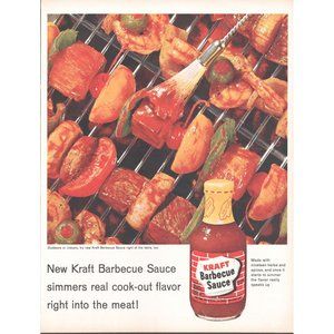1961 Kraft Barbecue Sauce Bottle Vintage Print Ad BBQ Grill Kabobs Skewers Art